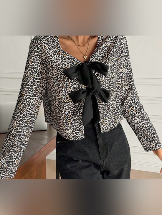 Tops - NEW Leopard Print Bow-Front Women's Top - Black & Cream